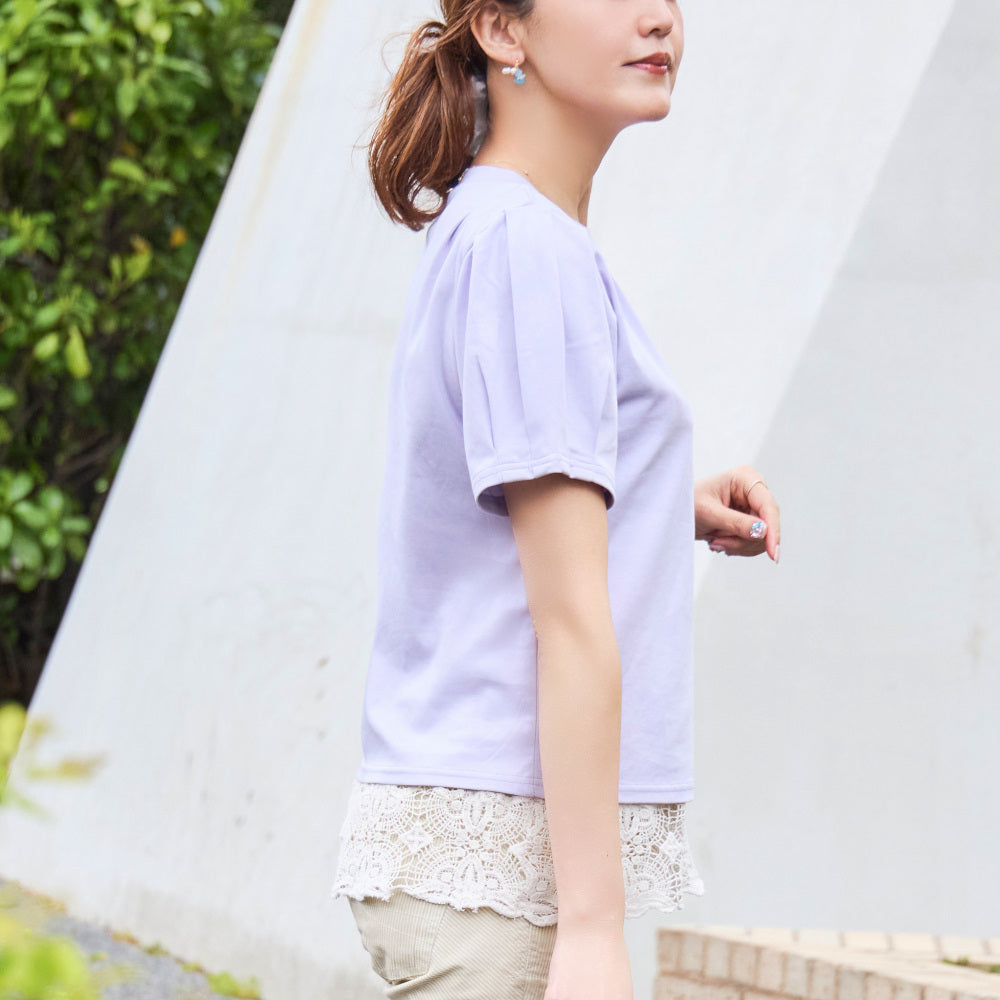 華奢な肩がつくれるパフスリーブの接触冷感Tシャツ｜アジサイ～ミストパープル