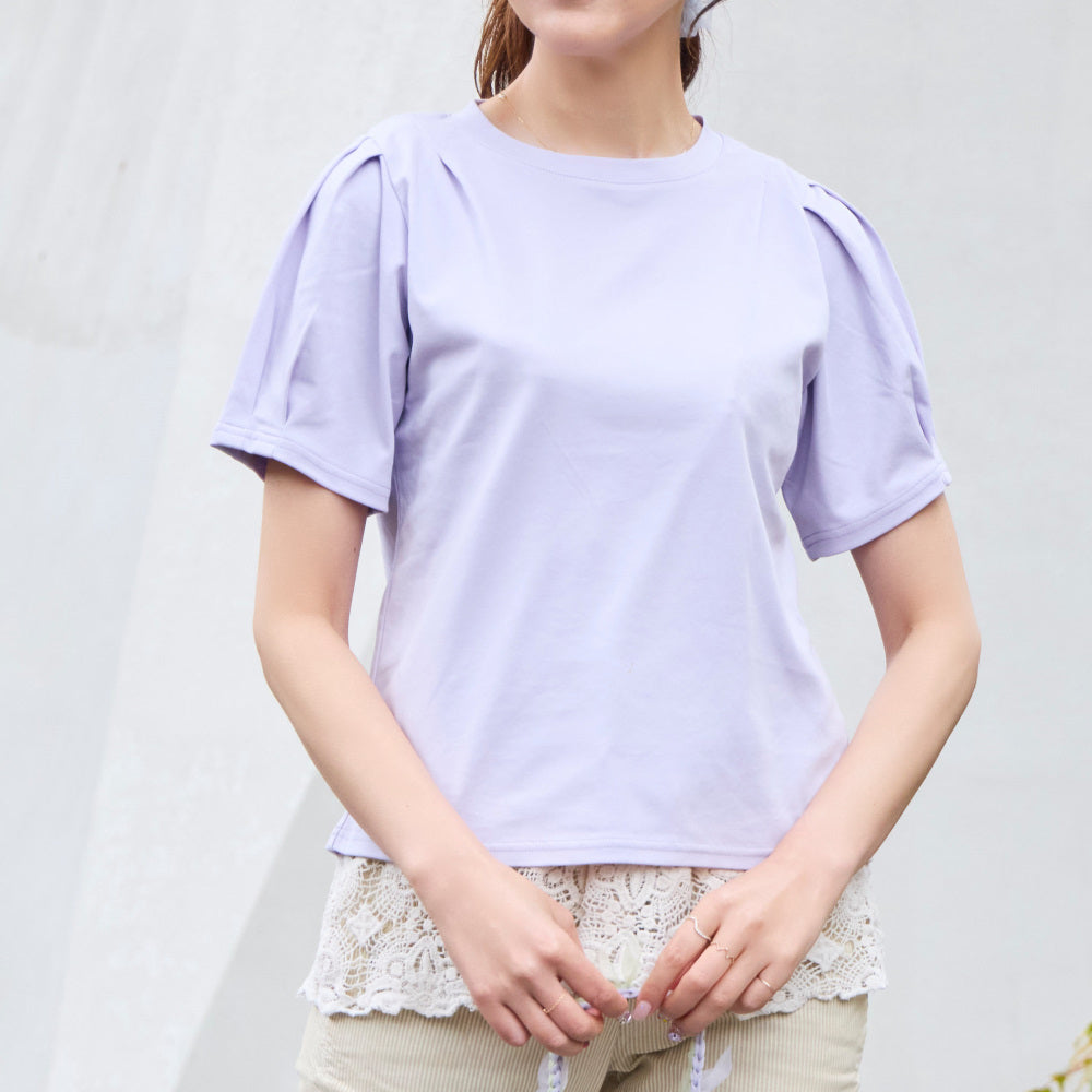 華奢な肩がつくれるパフスリーブの接触冷感Tシャツ｜アジサイ～ミストパープル