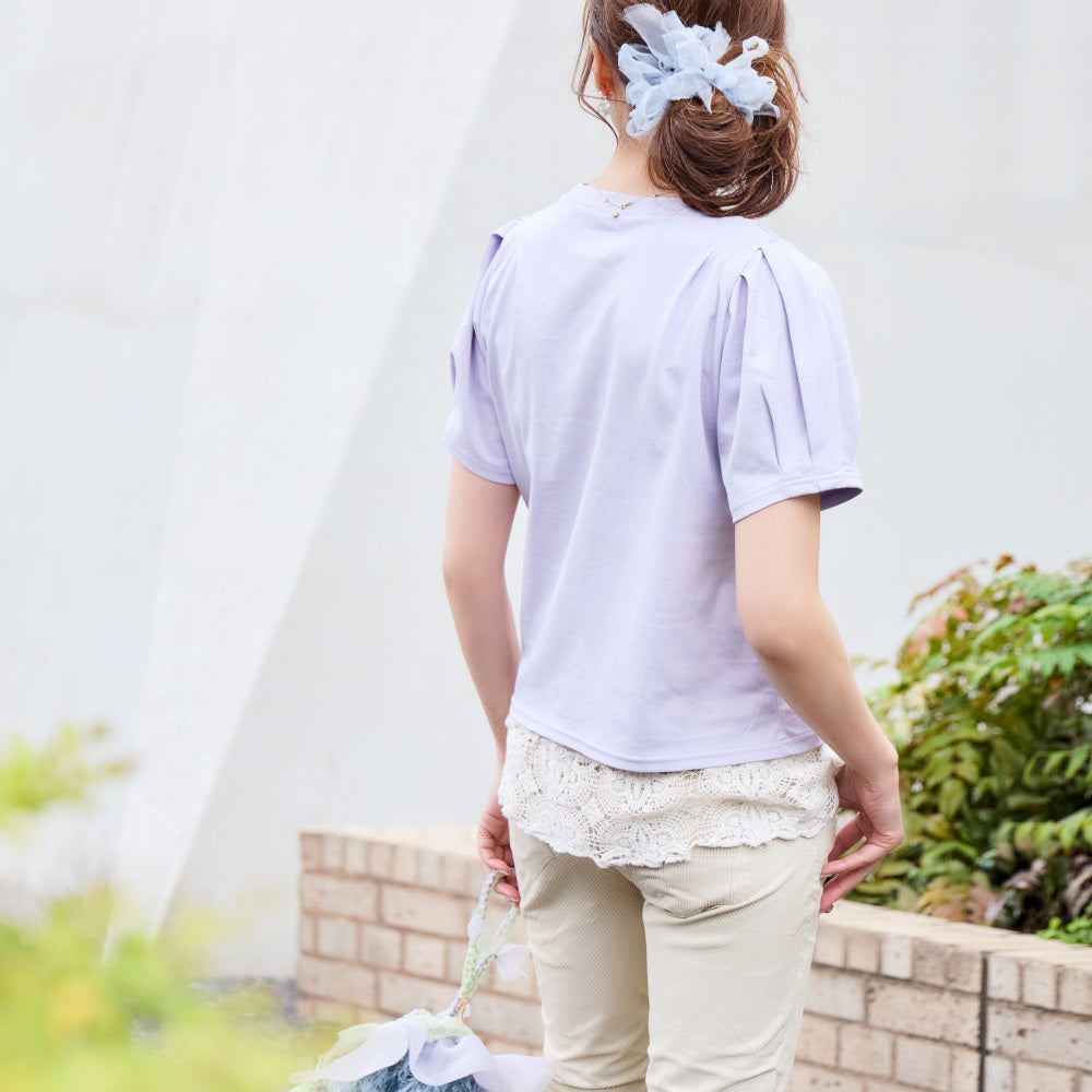 華奢な肩がつくれるパフスリーブの接触冷感Tシャツ｜アジサイ～ミストパープル