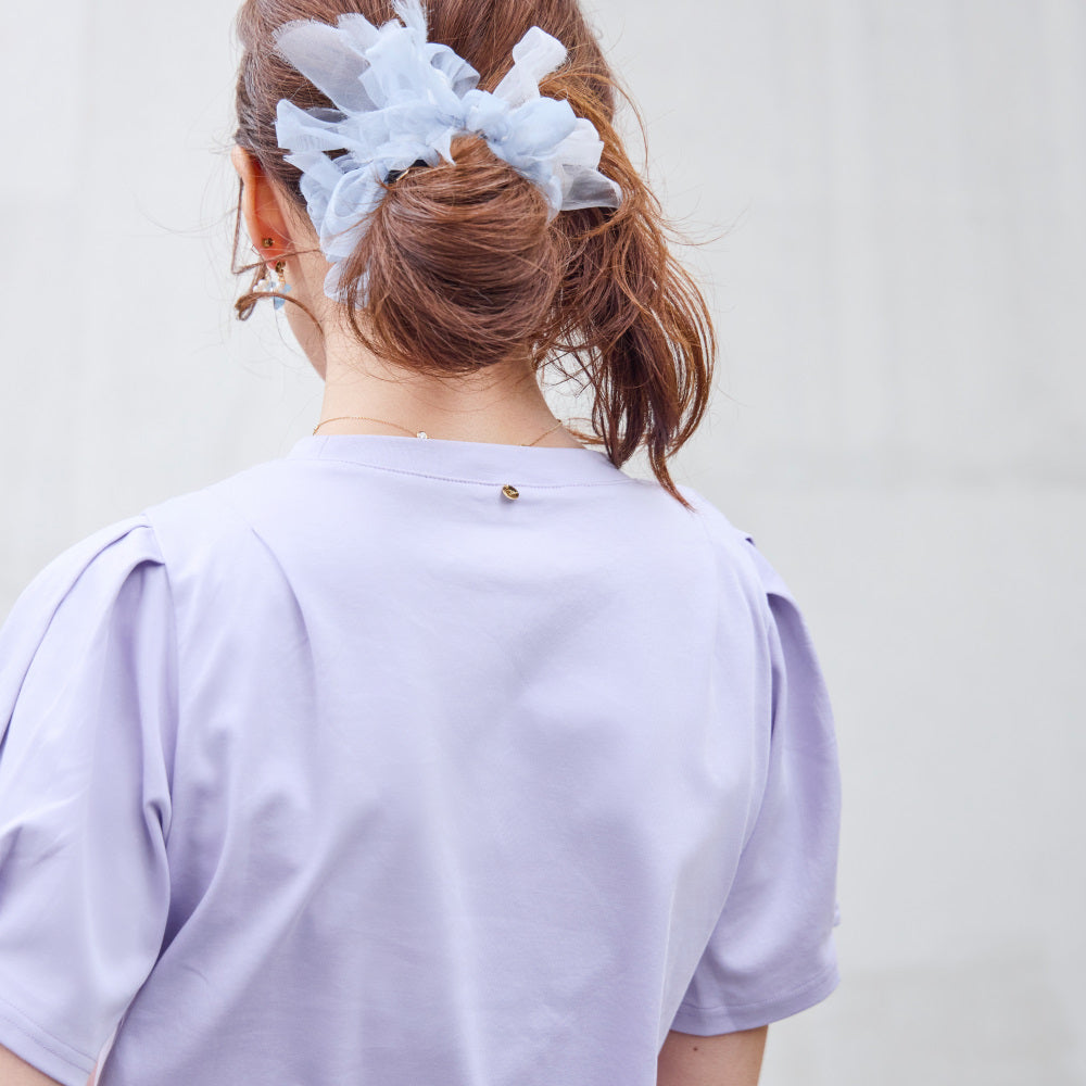華奢な肩がつくれるパフスリーブの接触冷感Tシャツ｜アジサイ～ミストパープル