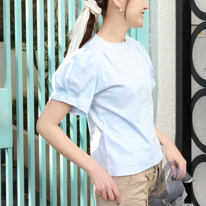 華奢な肩がつくれるパフスリーブの接触冷感Tシャツ|スカイ 華奢な肩がつくれるパフスリーブの接触冷感Tシャツ|スカイ
