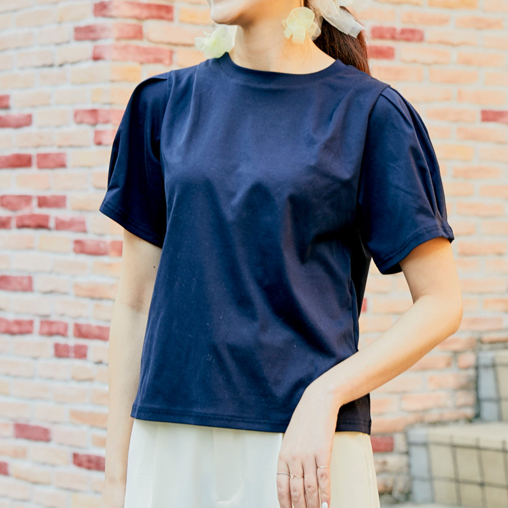 華奢な肩がつくれるパフスリーブの接触冷感Tシャツ｜ロイヤル
