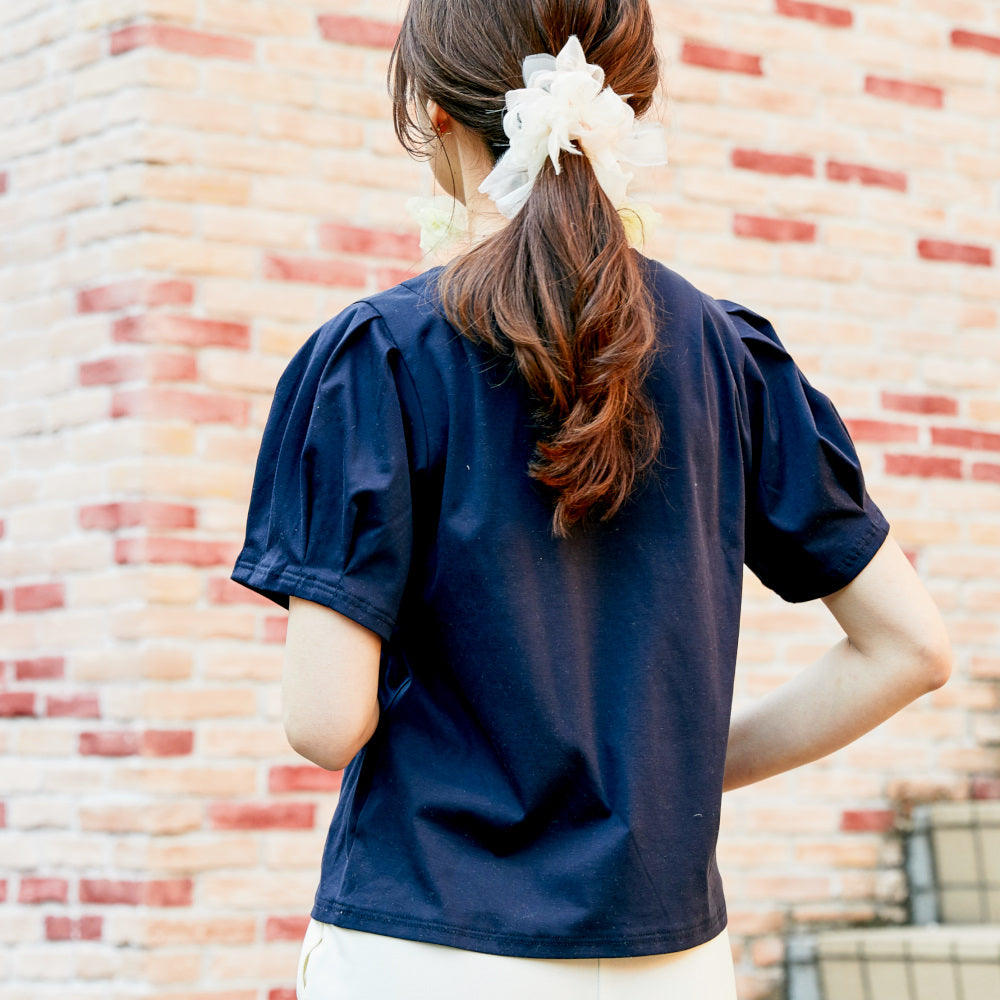 華奢な肩がつくれるパフスリーブの接触冷感Tシャツ｜ロイヤル
